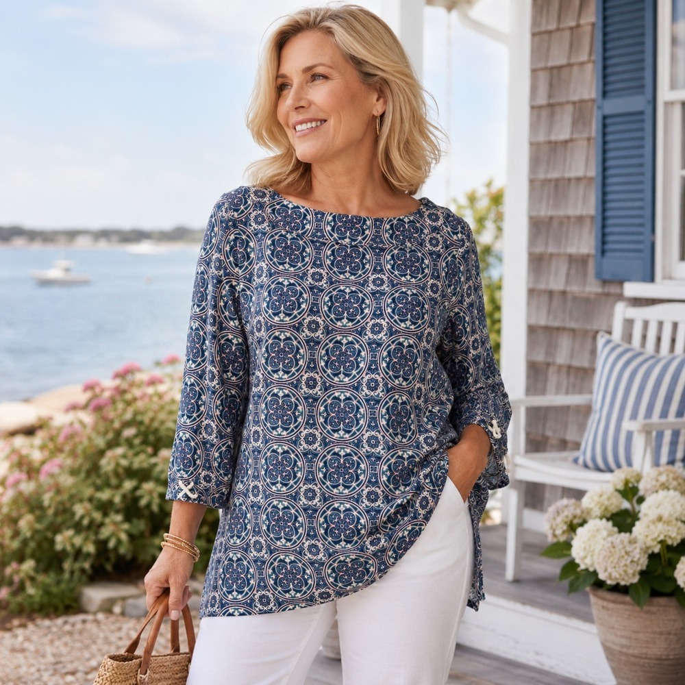 Talbots Medallion Print Lightweight Pique Tunic Top Sz S Coastal Stretch Boho